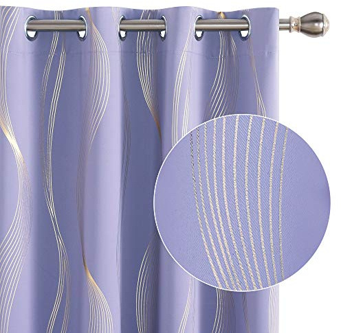 Deconovo Blackout Eyelet Curtains Thermal Insulated Gold Wave Line Foil Printed Curtains for Bedroom 46x72 Inch Light Purple