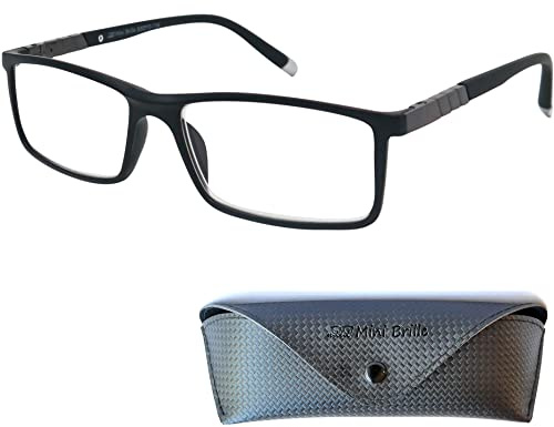 Mini Brille - Lunettes de Lecture Homme Style avec Verres Rectangles, Etui Gratuit, Monture en Plastique (Noir) avec Charnière à Ressort, Lunette Femme et Homme +2,0 Dioptrie