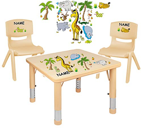 alles-meine.de GmbH Sitzgruppe für Kinder - Tisch + 2 Kinderstühle - Größen & Motiv & Farbwahl - Zootiere & Giraffe/holzfarben - inkl. Name - höhenverstellbar - 1 bis 8 Jahre -..