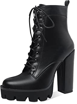 Z.Oufeier Women's Platform Ankle Boots Fashion Black Chunky Heel Lug Sole Combat Boots Lace Up High Heeled Booties(11,black pu)