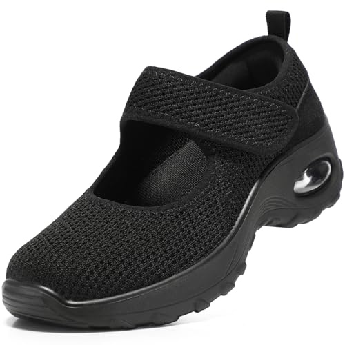 STQ Womens Walking Shoes Non Slip Orthopedic Shoes Orthotic Adjustable Mary Jane Shoes All Black, Size 8