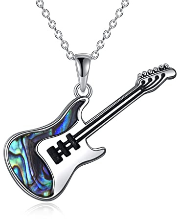 JERWLI Collier guitare en argent 925 avec pendentif en ormeau, coquillage d'ormeau, bijoux de musique punk, cadeau pour filles, hommes et femmes, Argent sterling