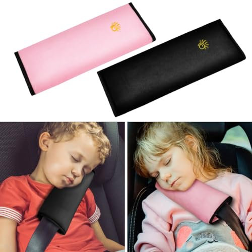 URAQT Coussin Ceinture Securite Enfant, 2PCS Protection Coussin de ceinture de sécurité pour véhicule, Ceinture de Securite Enfant de Voiture pour les Enfants Protéger Cou/Epaules (Noir+Rose)