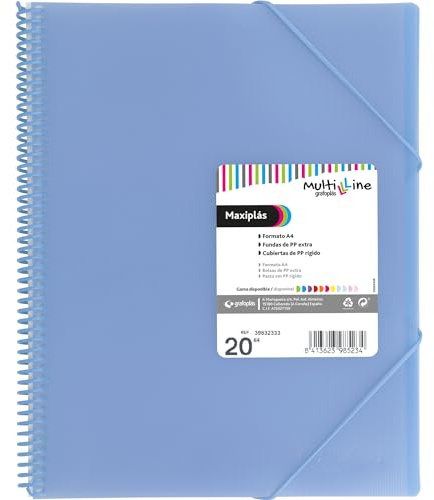 Grafoplas - Carpeta Fundas Plastico a4, Azul Claro, 20 Fundas Transparentes Polipropileno Extra, Espiral PVC, Maxiplás Multiline, Perfecta para Archivar Documentos y Apuntes