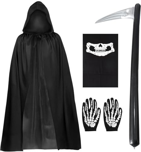 FUIPVGI 4 Pièces Costume de Faucheuse,Costumes de Faucheuse d'horreur Mystérieuse,Cape à Capuche Masque Facial de Crâne,Gants de Crâne,Accessoires de Faucille Gonflables pour Halloween Cosplay (Noir)