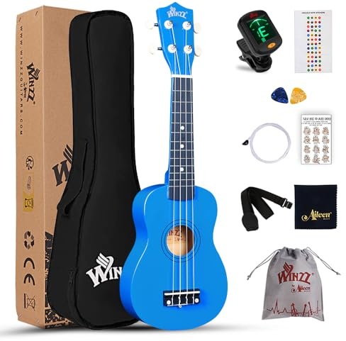 Winzz Soprano Ukulele Starter Kit For Beginners with Bag, Clip-On Tuner, Extra Strings, Strap, Plectrum, Fret Stickers, Chords Card, Polishing Cloth, Dark Blue