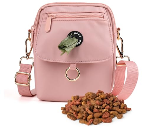 COOWONE Waterproof Dog Treat Bag, Dog Walking Bag, Treat Bag for Dogs, Dog Bag with Poop Bag Dispenser, Crossbody Bag for Dog Training (Pink)