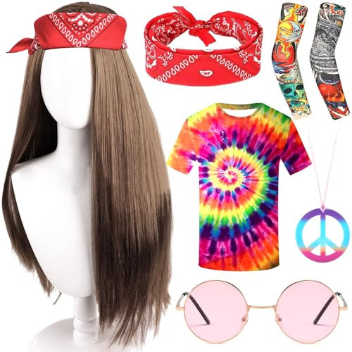 MZJAUVF 6PCS Hippie Kostüm, 70er Jahre Outfit Herren, Hippie Kostüm Herren, Hippie Accessories T-Shirt Perücke Sonnenbrille Peace Halskette Stirnband Halskette Stirnband Tattoo Ärmel Party Karneval
