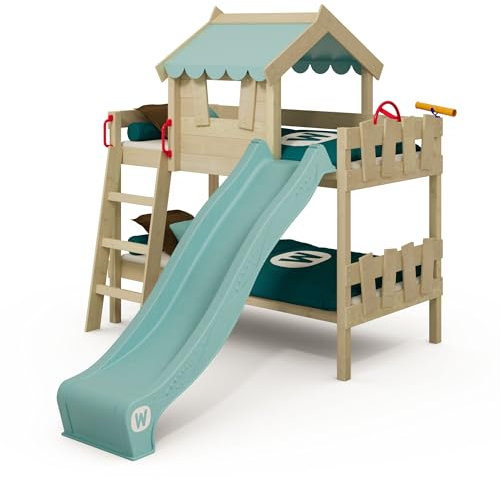 Wickey Kinderbett Crazy Fancy - Etagenbett, Spielbett für Kinder aus Massivholz mit Planendach - 90 x 200 cm - pastellblaue Plane