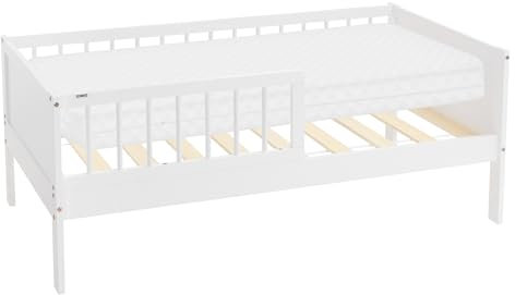 ML-Design Kinderbett 70x140 cm mit Matratze, Weiß, Einzelbett für Kinder mit Lattenrost und Rausfallschutz, Jugendbett aus Kiefernholz, Holzbett, Bettgestell für Jungen & Mädchen, Massivholz Babybett