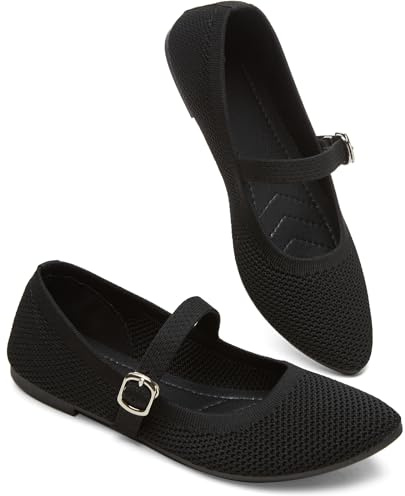 BABUDOG Mesh Ballet Flats for Women,Women's Mary Jane Flats with Buckle Strap,Black Nude Foldable Flats Shoes for Women,Comfortable Dress Shoes(Black.US10)