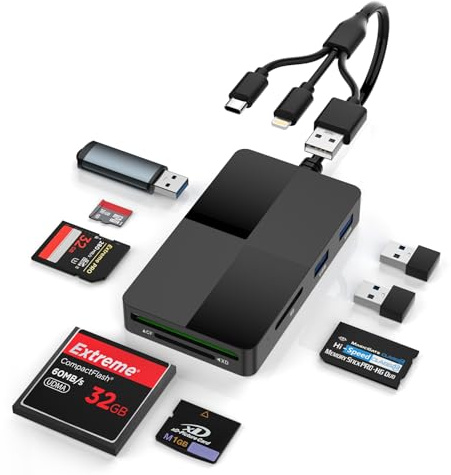 8-in-1 Lettore di Schede SD con slot SD/TF/MS/CF/XD e 3 porte USB 2.0, Lettore Schede SD con USB-C+ Lightning + USBA, Adattatore Memory Stick Pro Duo per iPhone/iPad/Windows/MAC/Chrome OS