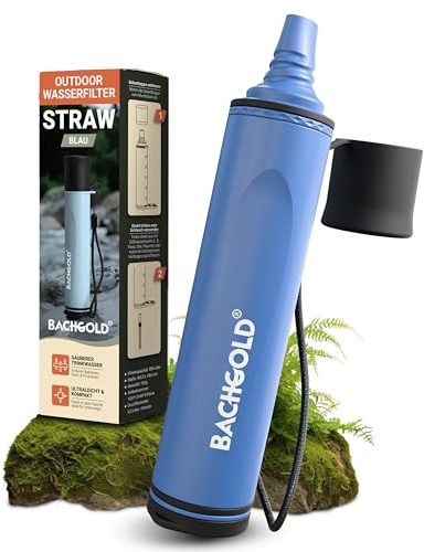 Bachgold Straw vattenfilter utomhus överlevnad – ultralätt prepputrustning ger upp till 500 l färskt dricksvatten för alla nödsituationer, inklusive slang, hållbar konstruktion, Blå | Eliminerar 99,99 % virus och bakterier - slang 70 cm, 114,5 g ultralätt - dricksvatten vid vandring, camping och nödsituation