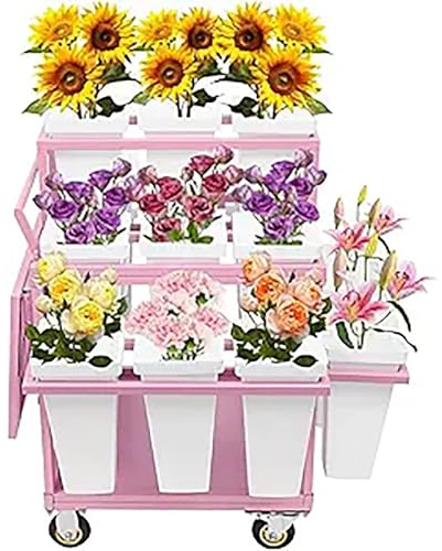 Carrito de exhibición de flores rodante de 6 niveles con 18 cubos, soporte móvil para plantas de jardín para floristas, eventos al aire libre, patios y mercados, versátil carrito de exhibición de