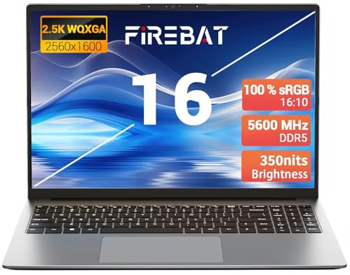 FIREBAT Laptop Computer Ultrabook, 16in 2560x1600, 4.9GHz AMD Ryzen7 H255 CPU, Radeon 780M Graphics, Scalable Storage, 16GB DDR5 RAM, 512GB M.2 NVMe SSD, Portable School/Business/Gaming Notebook PC