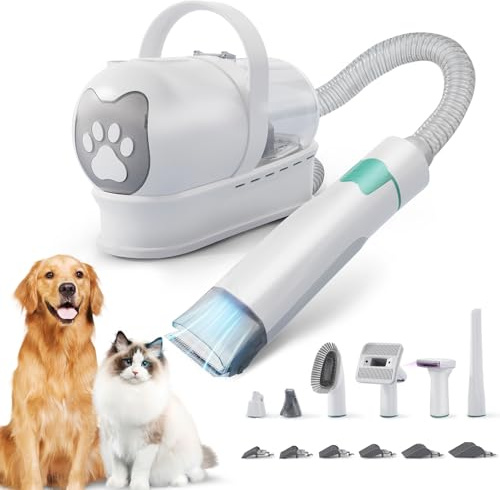 Tosaerba per cani con aspirapolvere, aspirapolvere per peli di cane, 7 in 1, kit per toelettatura animale, 3 velocità regolabili potente 13000 pa, dimensioni di taglio 3-24 mm, silenziatore (7 in 1)