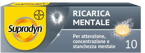 Supradyn Ricarica Mentale Integratore Memoria e Concentrazione con Vitamine, Caffeina, Guaranà per Studio, Concentrazione e Memoria, 10 Compresse Effervescenti, Gusto Acerola