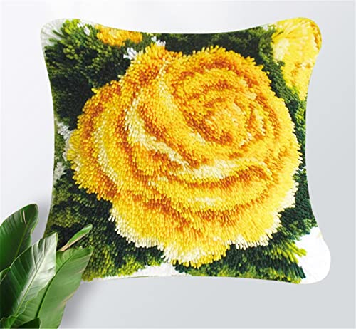 VIONNPPT Knüpfkissen Kissenbezug Zum Selber, DIY Latch Hook Kit Teppich Gelbe Rose Knüpfen Set für Kinder Erwachsene Geschenke, 40cmx40cm