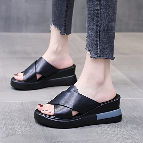 SWTKO Pantofola in Pelle da Donna Sandali Estivi Comodi con Plateau Ciabatte Sandali con Zeppa Punta Aperta Casual Scarpe da Passeggio Traspiranti,Nero,US6/EU37