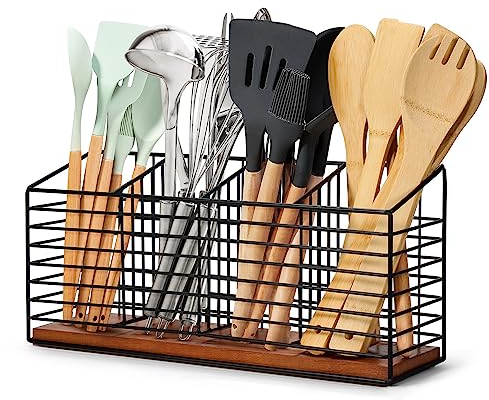 THYGIFTREE Portautensili per bancone della cucina, organizer per utensili da cucina in metallo nero con base in legno, utensili da fattoria per piano di lavoro