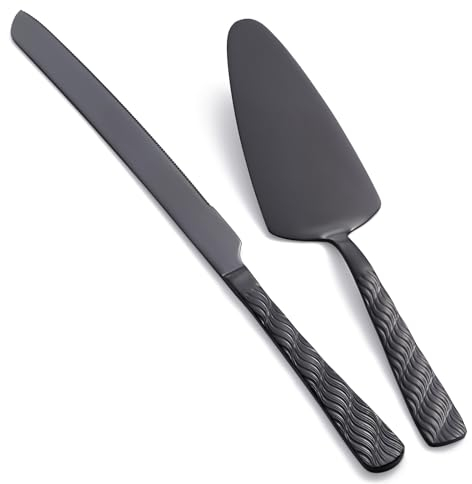 FULLYWARE Set per Tagliare Torte Nero, Set di Coltello e Server in Acciaio Inossidabile, Set di Taglio per Torte e Dolci per Matrimonio, Compleanno, Festa