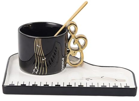 eKsdf Tasses à expresso en céramique avec notes de musique avec soucoupe et cuillère Tasse à café créative piano Tasses à cappuccino 200ml Tasse en porcelaine Set de tasses à moka Cadeau (Noir)