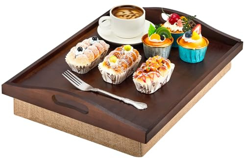 Tioncy 1 Piece Bamboo Lap Tray with Detachable Pillow 16.9'' x 13'' Lap TV Trays Desk with Handles for Adults Eating in Recliner Breakfast Housewarming Gift (Walnut Brown)