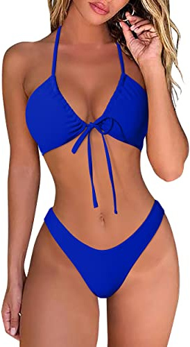DOULAFASS Damen Bikini Set Sexy Bikini Brazilian Style Niedriger Taille String Triangel 2tlg Bikini Königsblau M