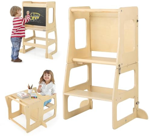 GYMAX Kids Step Stool, 3-in-1 Wooden Kitchen Helper Stand with Chalkboard, Foldable Toddler Table and Chair Set, Convertible Baby Tower Lightweight Stepladder, GY10230NA