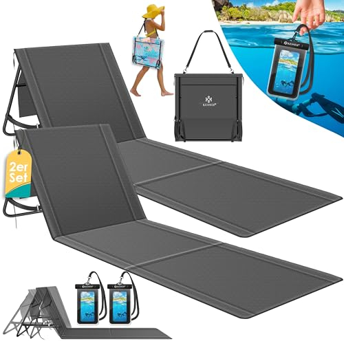 KESSER® Colchoneta de Playa Plegable con Respaldo Ajustable, Correa de Transporte, Funda Impermeable para Móvil y Bolsa de Almacenaje, Tumbona, hasta 130 kg, Set in 2 - Antracita