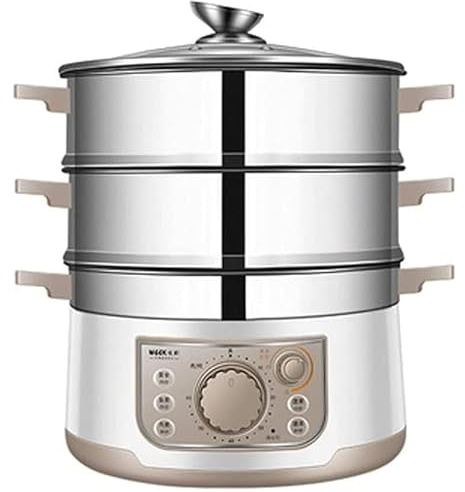 Matångkokare 3-nivåer rostfritt stål multikokare - energieffektiv 1 500 W, 13 L, 60 minuters timer, 3 avtagbara skålar för kött, dumplings, ris - kompakt förvaring, hälsosamt matlagningsalternativ