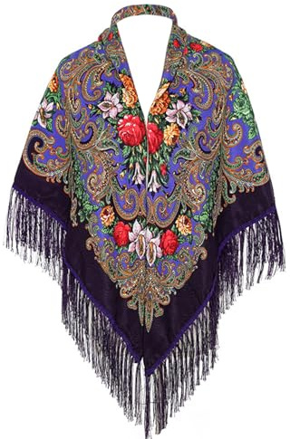 Russian Style Muffler Scarves Women's Traditional Scarf Wrap Tassel Shawl Fringes Neck Head Shawl Retro Scarf Floral Poncho Printing Cape/Purple