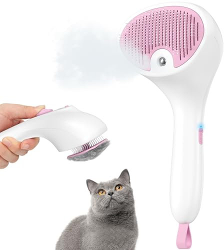Euqvunn Katzenbürste mit Dampf mit Auslöseknopf, [Ultra-Leises Design/Komfort-Griff] Pet Dampfbürste Katze Steamy Brush Hundebürste Wiederaufladbar Katzen mit Spray für Katzen, Hunde, Kaninchen