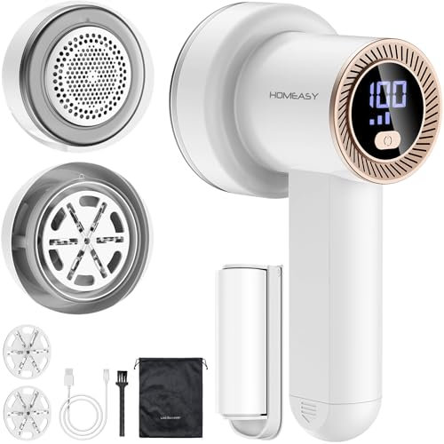 HOMEASY Fusselrasierer Elektrisch Tragbar Fusselentferner Aufladbar Fusselfräse LCD Anzeige mit 6 Klingen Kopf 3 Geschwindigkeiten 2 Ersatzklingen Reinigungsbürste Weiß