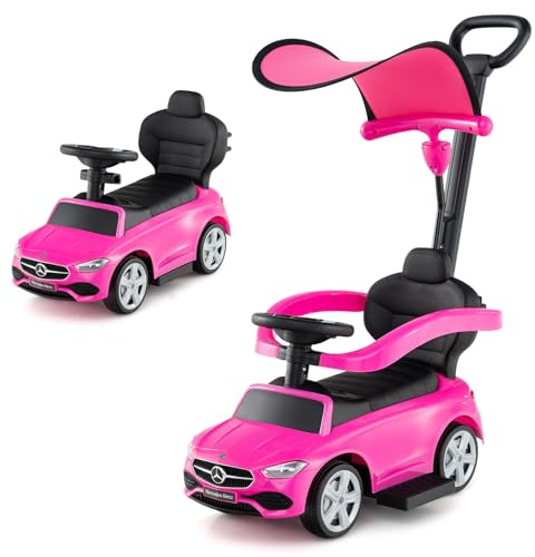 COSTWAY Coche Correpasillo 3 en 1 para Niños, Coche de Juguete con Barra de Empuje y Capota Ajustable, Coche con Pedal y Bocina para Niños de 18-36 Meses con Sonido (Rosa)