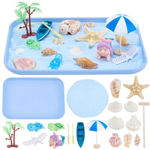 WEBEEDY Ocean Miniature Beach Zen Garden Kit Desktop Meditation Decor, Table Mini Japanese Sandbox Zen Garden Sand Tray with Shells Starfish Conch Mermaid Decorative Ornaments,24x17cm Rectangular Tray
