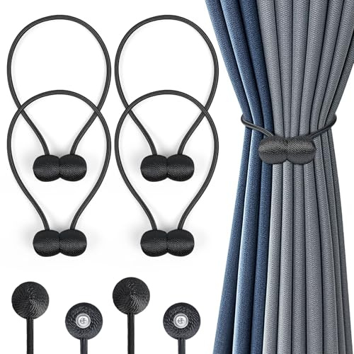 Romon Alzapaños Cortinas, 4 Piezas Alzapaños de Cortina Magnéticos, Correas de Imán para Cortina, Sujeta Hebillas Cortinas del Hogar, para la Decoración de la Ventana del Hotel Home Office, Negro
