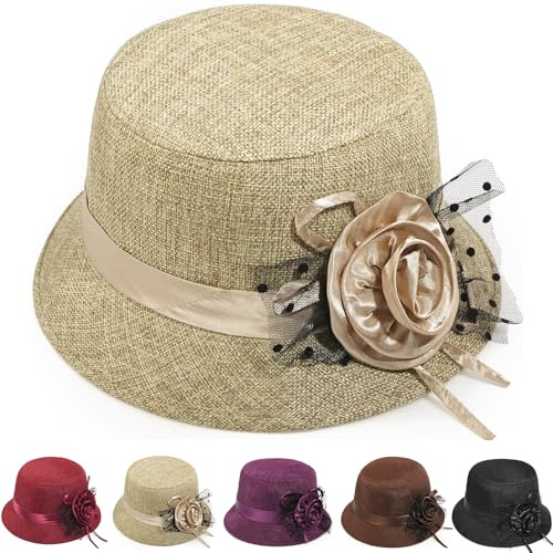 Initlove Sombreros tipo cloche vintage para mujer, sombrero de bolos floral para fiesta de boda, caqui, Talla única