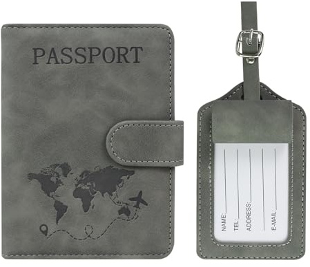 FuninCrea Étui pour passeport et étiquette de bagage - En cuir synthétique - Avec bloqueur RFID - Plusieurs emplacements - Pour passeport, cartes de visite, cartes de crédit, gris, 11,5 x 15 cm
