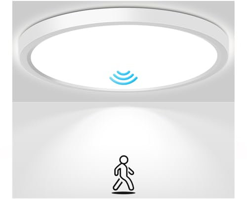 Oumida Deckenleuchte mit Bewegungsmelder Innen 22cm, 18W LED Deckenlampe Radar Bewegungssensor, 4000K Ultra Dünn Flache Lampe, Rund Sensor Licht für Flur Treppe Küche Balkon Keller Garage (22CM)