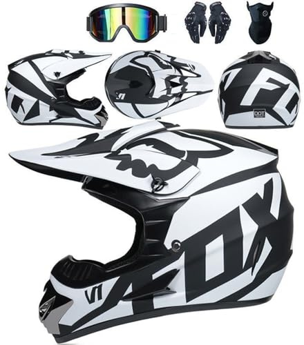 SMTSEC Casque De Moto pour Jeunes Casque De Motocross Adultes Enfants Casques De Cross Casque De Moto Enduro Casque VTT Intégral Certifié Dot avec Lunettes Masque Gants Casque De Descente,White/A-S