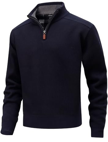 CoXuantion Jersey Cuello Alto de Punto Hombre Manga Larga Jersey con 1/4 Cremallera Ligero Punto Jerseys Forro Polar Sólido Suéter Invierno Básico Cálido Suéteres L,Azul