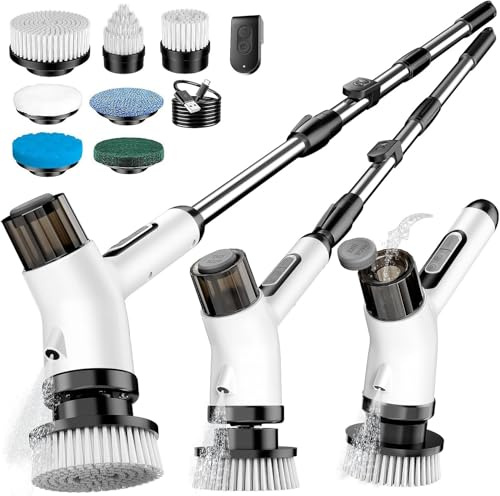 FYDEE Brosse de Nettoyage Électrique, Brosse Rotative avec 7 Brosses Interchangeables, Manche Télescopique, Étanchéité IPX7, Recharge USB à 2 Vitesses, Idéale pour Salle de Bain, Maison et Cuisine