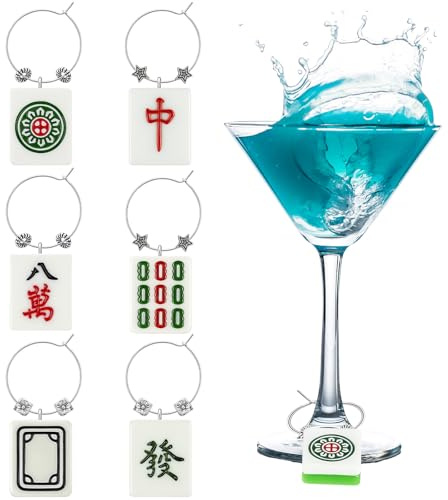 Geelin 6 Sets Mahjong Wine Charms, 1 Inch Wine Glass Tags for Stem Glasses, DIY Mahjong Tiles Resin Pendants Gift, Drink Markers Identifiers for Parties Tastings and Entertaining (Classic)
