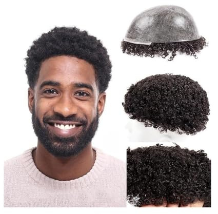 Uso Masculino Tupé Afro Rizado de 10 mm for Hombre, prótesis capilar Masculina Cabello Humano Indio con Base Piel Completa e inyección 0,12 Cabeza de Peluca(6x9)