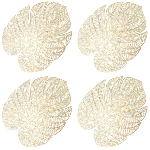 Leaf Gold Placemats Set of 4,14x18Inch Non Slip Heat Insulation Hollow Turtle Leaves Tablemats Dinning Table Place Mats Setting Holiday Placemats Spring Wedding Table Decorations Party Supplies
