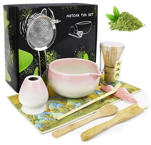 mobumeia Matcha Set, 9-Teiliges Matcha Zubehör mit Matchabesen, Auslauf, Sieb, Löffel und Halter, Tee Zeremonie Set für Liebhaber und Einsteiger Geschenk, Rosa