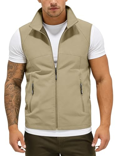 Chaleco de trabajo para hombre al aire libre con muchos bolsillos, transpirable, chaleco de pesca, ligero, cuello alto, sin mangas, chaleco deportivo de verano con cremallera, 01-caqui, L