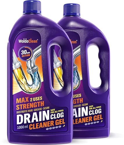 WoldoClean Avlopps- & Rörreiniger Gel 2 x 1000ml - extremt stark mot hår & fett, friar rör i kök & bad, för dusch, handfat & badkar, sjunker genom stillastående vatten