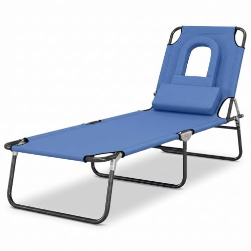 KKTECH Sun Lounger for Garden, Foldable Padded Garden Sunbed with Cushion, 4-Position Adjustable Reclining Chair, Lightweight Steel Frame Outdoor Lounger for Patio, Poolside and Beach (1, Blue)